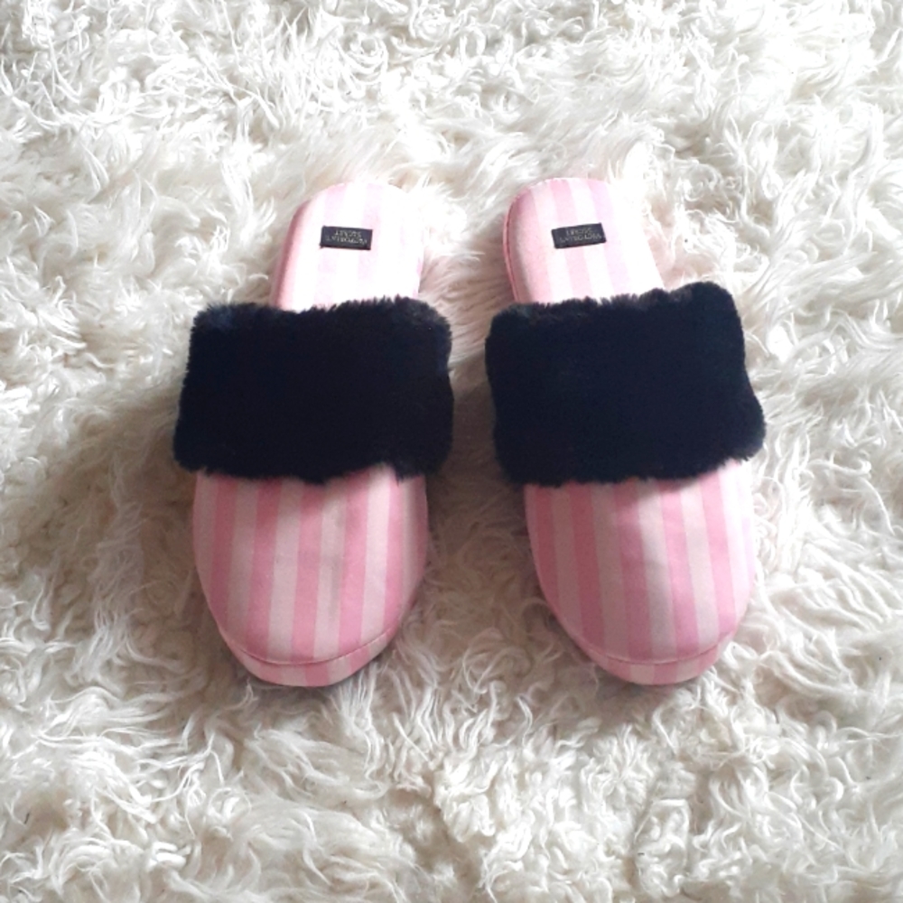 Victoria's Secret Pink Striped Faux Fur Slippers